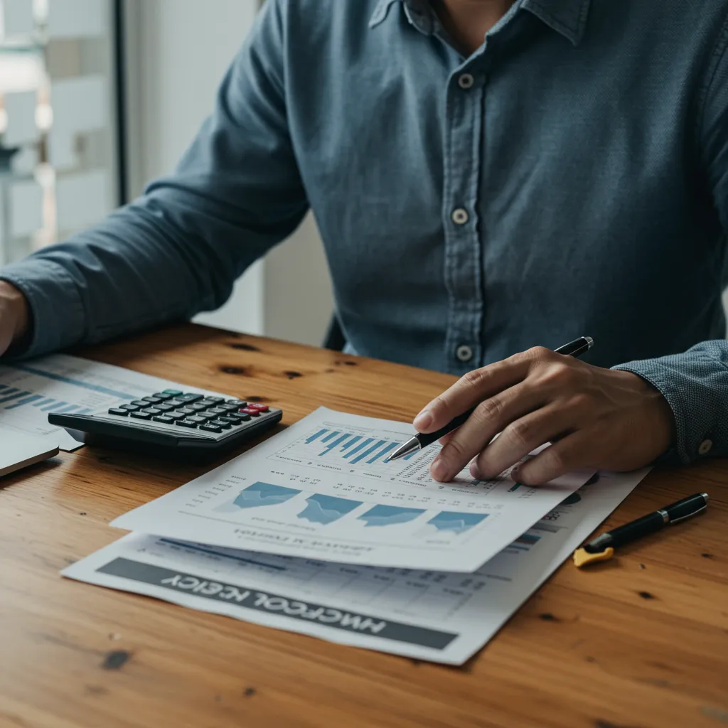 Entrepreneur analysant un tableau comparatif SASU EURL avec des documents financiers sur un bureau professionnel