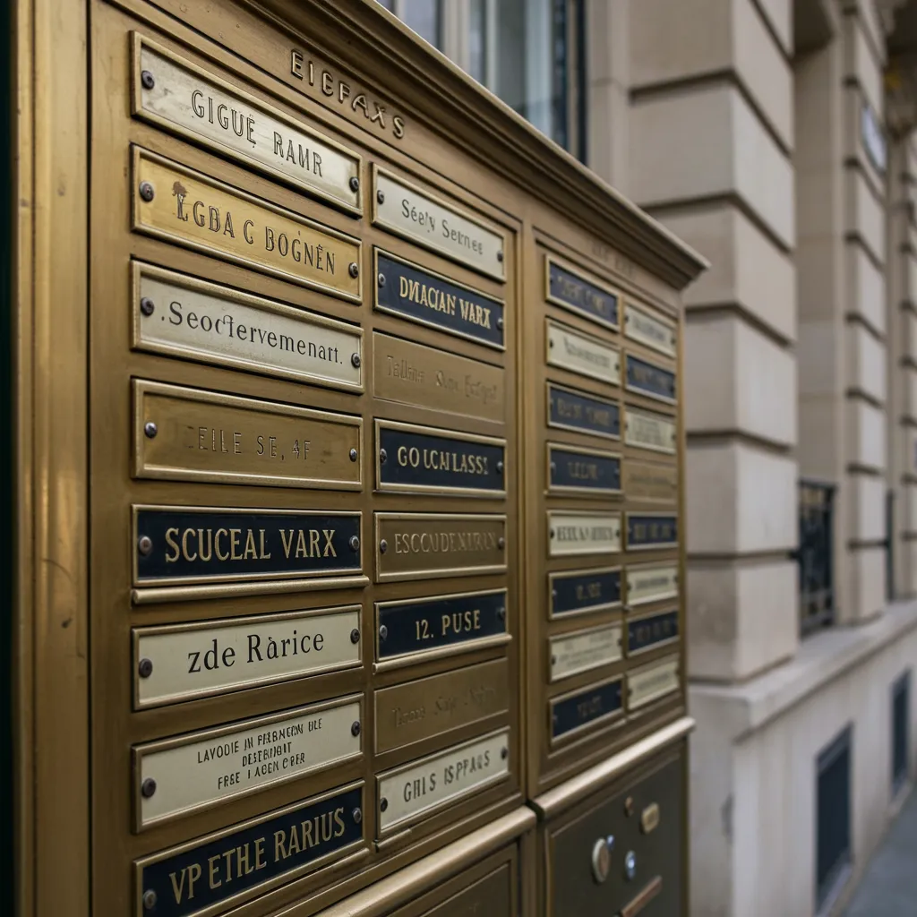 Façade d'immeuble haussmannien avec boîtes aux lettres professionnelles symbolisant une société de domiciliation agréée à adresse de prestige