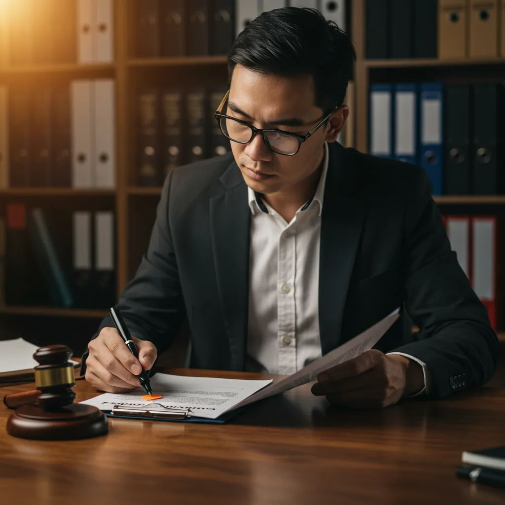 Consultant juridique analysant les clauses facultatives d'un contrat commercial B2B dans un bureau professionnel