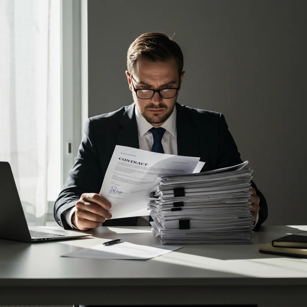 Chef d'entreprise face à des documents contractuels incomplets illustrant les erreurs fréquentes dans la rédaction des CGV B2B