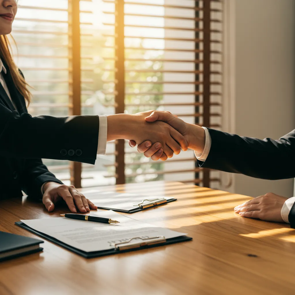Chef d'entreprise et conseiller juridique concluant un accord pour la rédaction professionnelle de CGV B2B