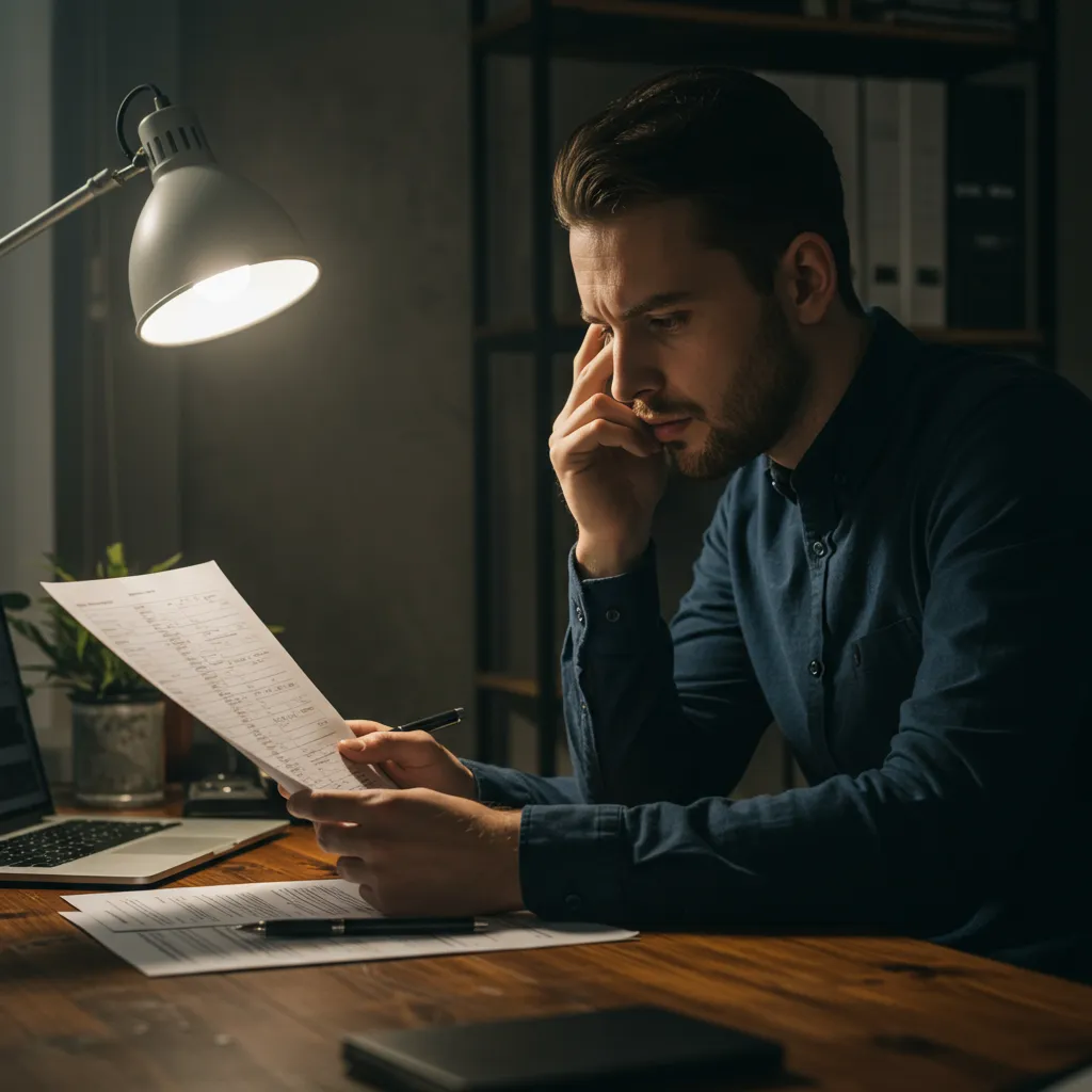 Entrepreneur examinant des fiches de paie et des documents de classification salariale, illustrant les risques liés aux erreurs de convention collective