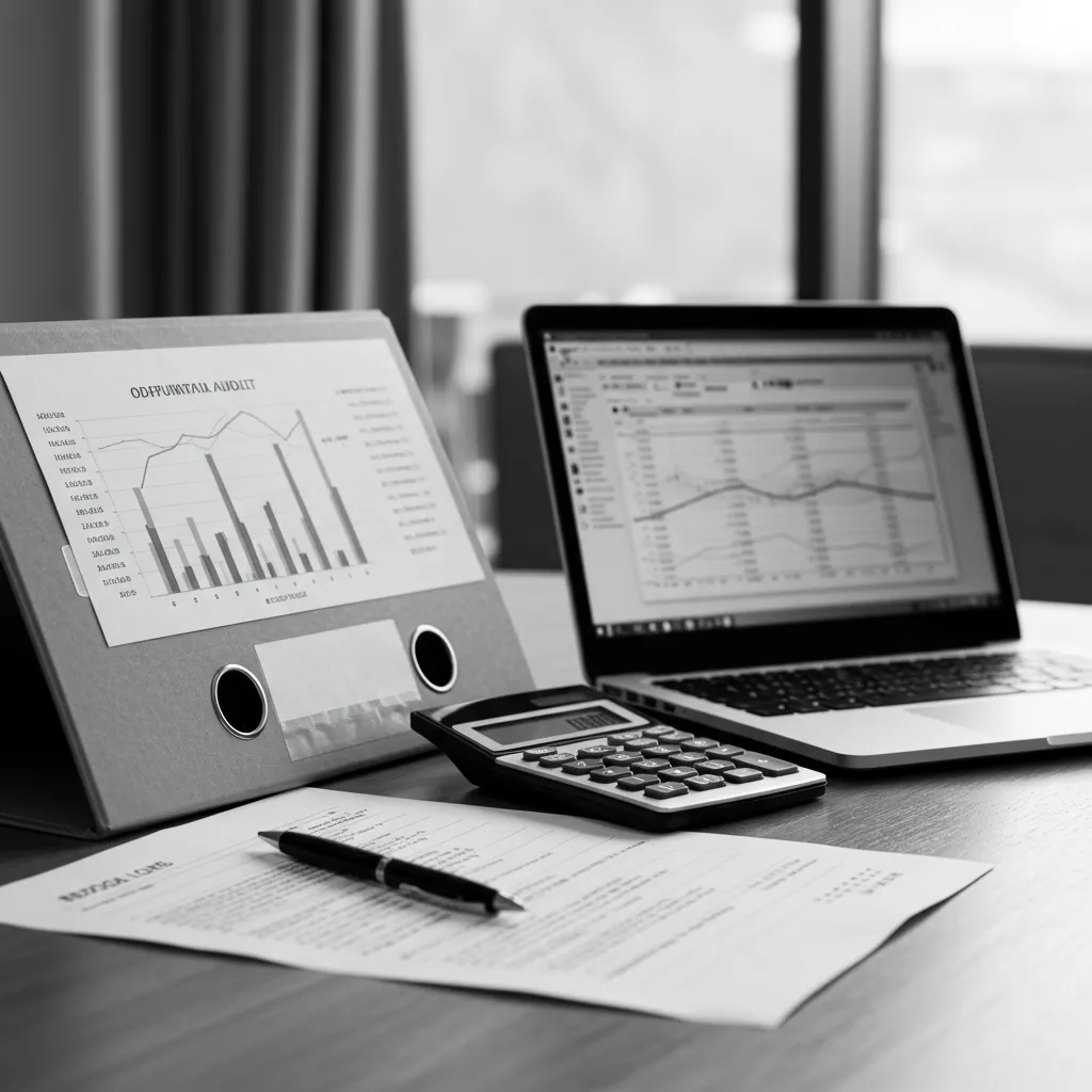 Dossier administratif et calculatrice sur une table de réunion, symbolisant un contrôle URSSAF et les risques de redressement financier pour une startup