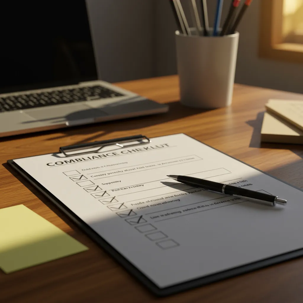 Check-list de conformité sur un presse-papiers posé sur un bureau de startup, illustrant les étapes pratiques pour se mettre en règle avec sa convention collective