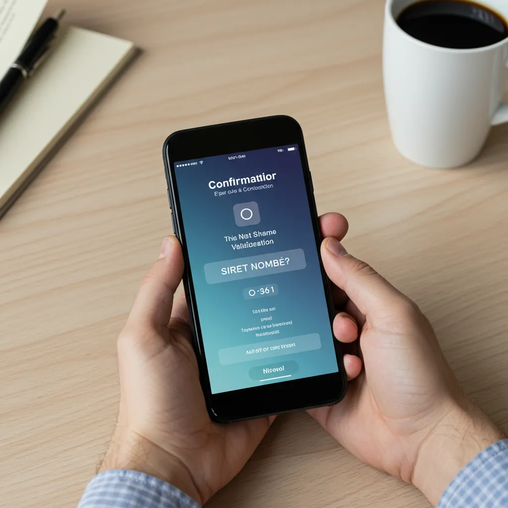 Smartphone affichant une notification de validation administrative automatique pour l'obtention d'un numéro SIRET