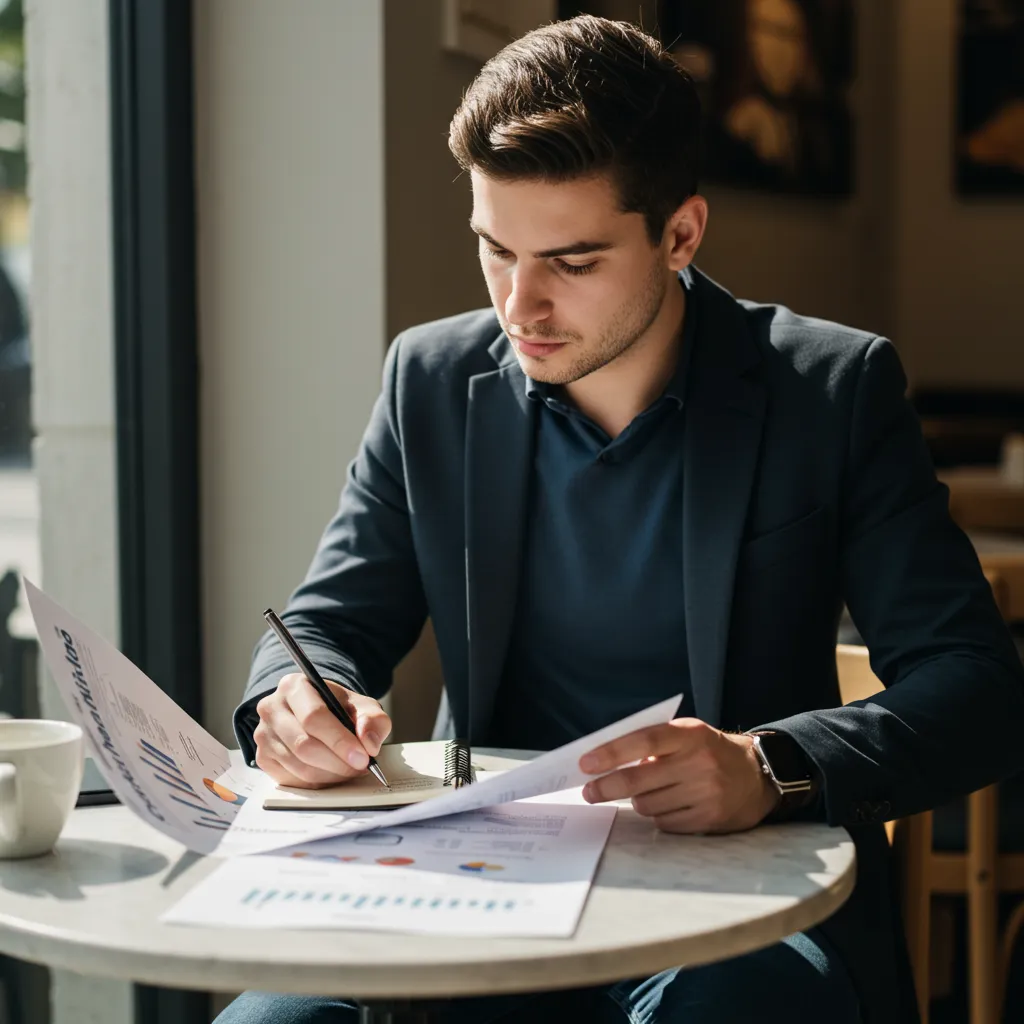 Entrepreneur attentif révisant des documents importants liés aux points de vigilance de la création d'entreprise