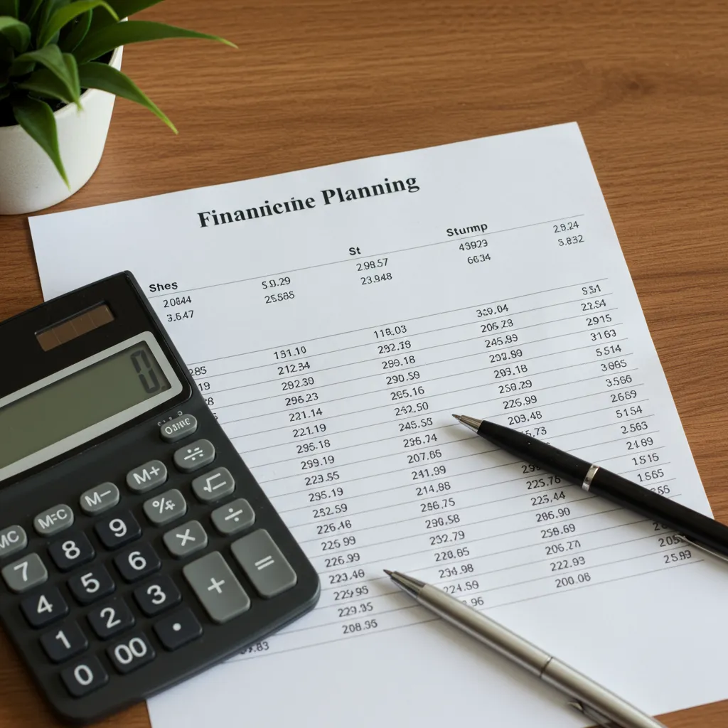 Vue de dessus d'un bureau avec des documents de planification financière et une calculatrice pour illustrer les plafonds de chiffre d'affaires auto-entrepreneur 2026