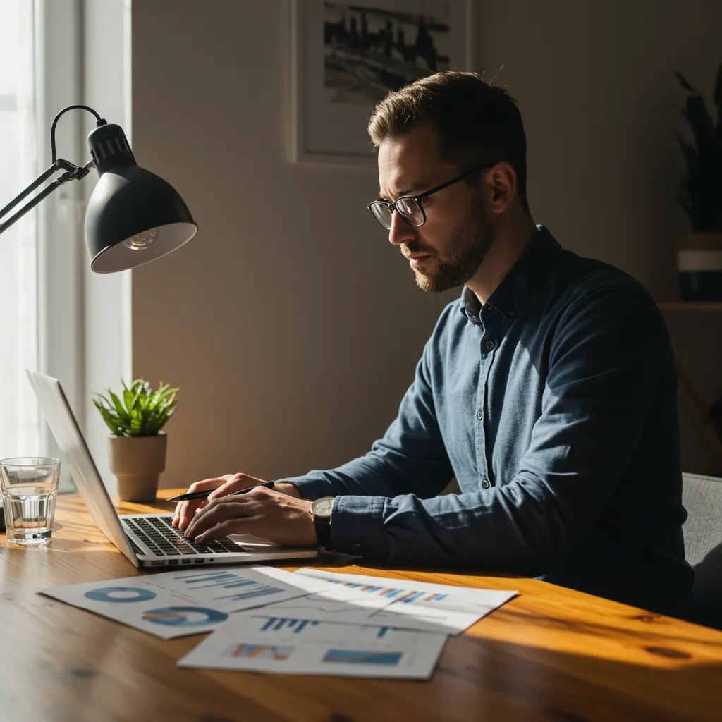 Auto-entrepreneur analysant ses charges et cotisations sociales 2026 sur ordinateur portable dans un bureau lumineux