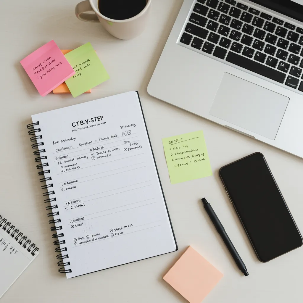 Bureau organisé avec checklist et outils numériques illustrant les étapes pratiques pour créer et gérer une auto-entreprise en 2026