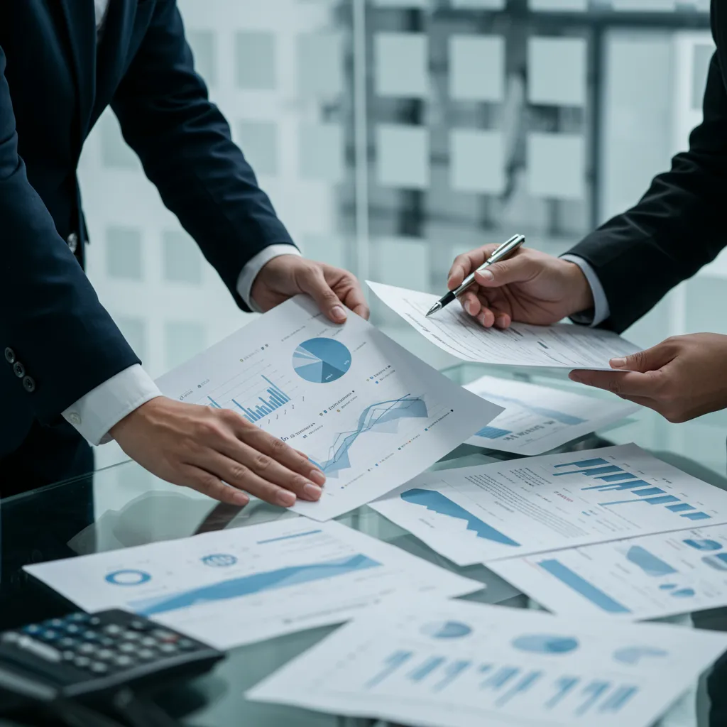 Deux professionnels comparant des données financières pour distinguer les stades pre-seed et seed d'une levée de fonds