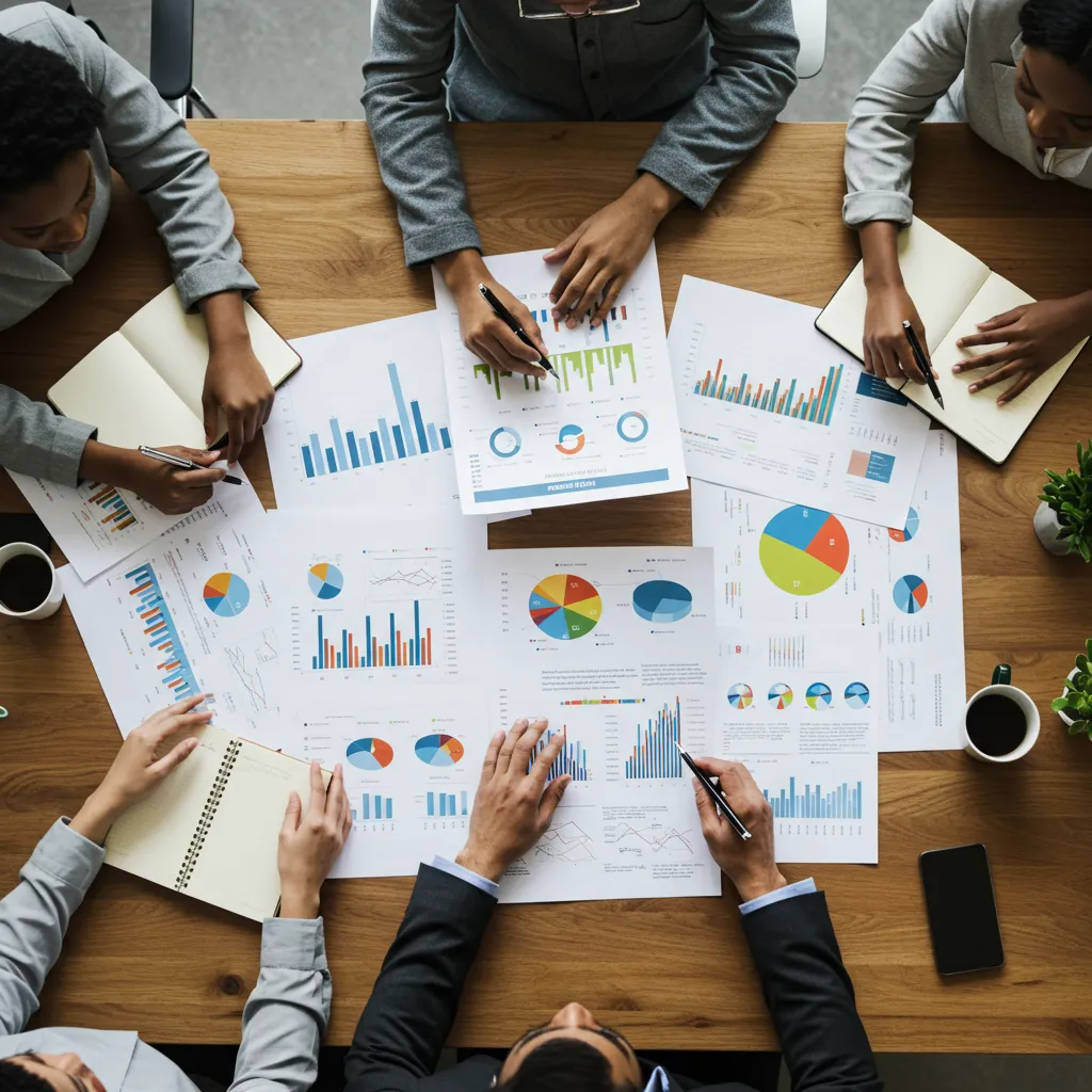 Équipe d'entrepreneurs analysant les différentes familles de dispositifs de financement Bpifrance autour d'une table de réunion