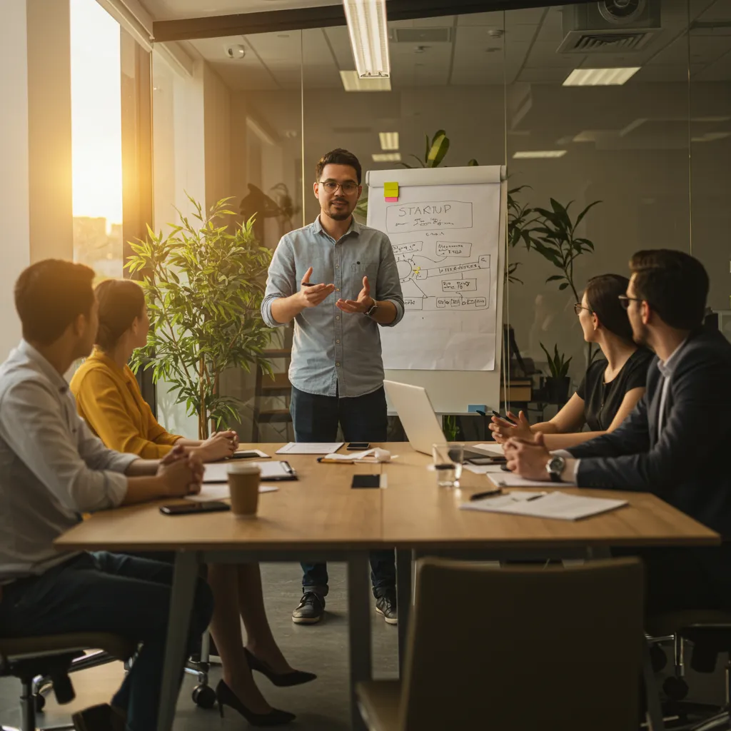 Entrepreneur présentant son projet à des investisseurs dans le cadre d'une levée de fonds via une plateforme d'equity crowdfunding