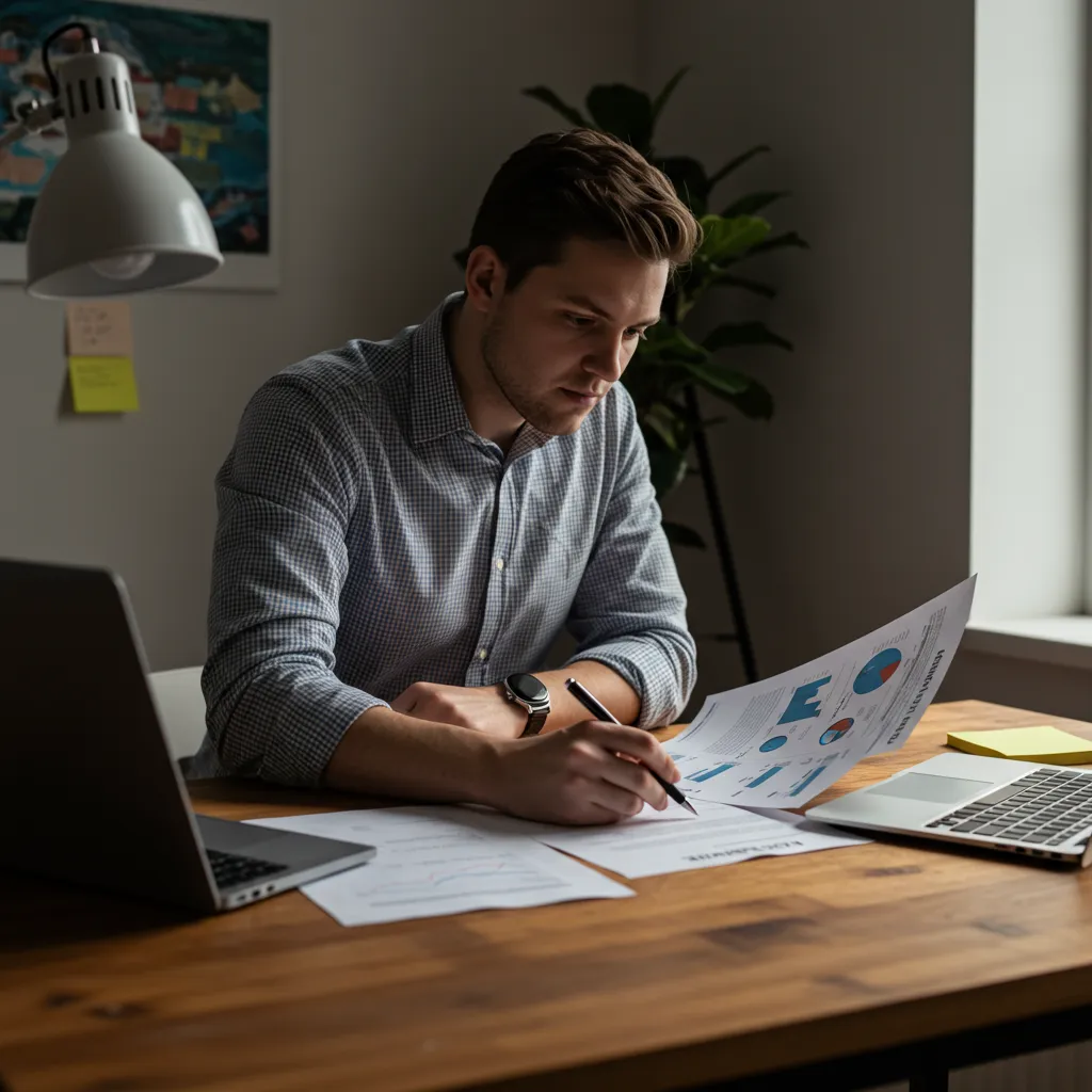 Entrepreneur analysant son plan de financement et comparant les options de levée de fonds