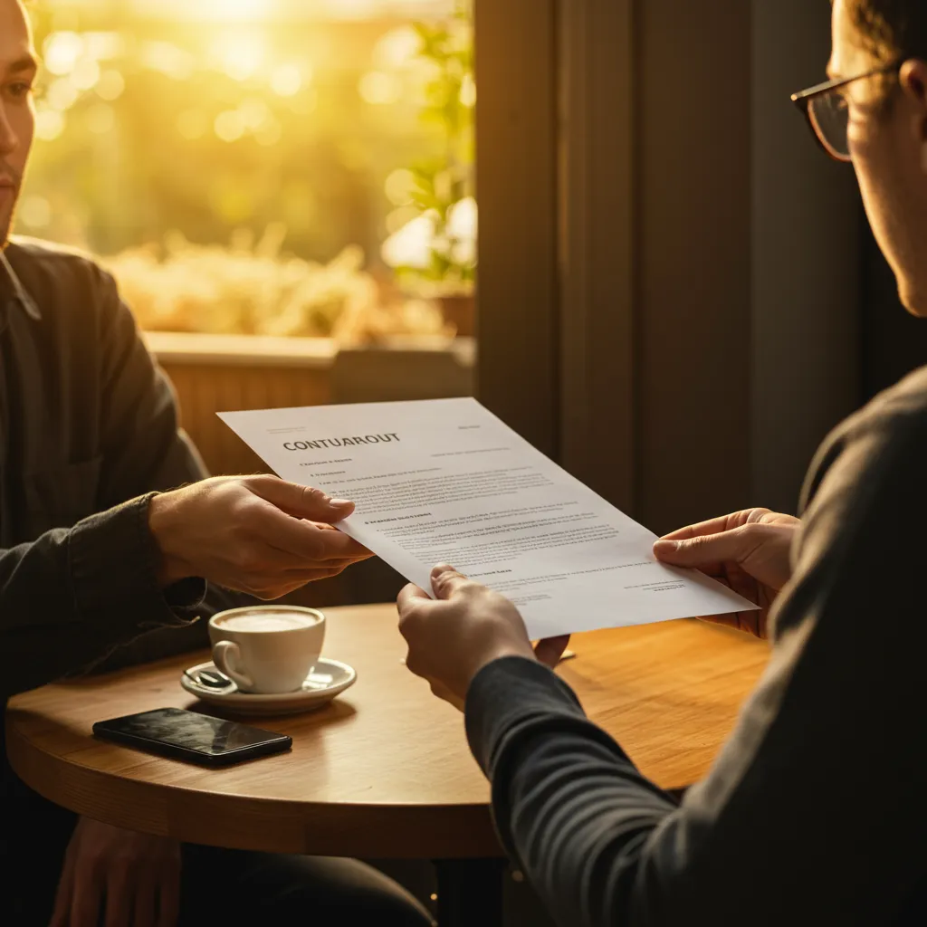 Deux amis formalisant un accord de prêt entre particuliers dans un cadre détendu