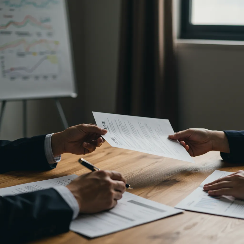 Deux professionnels échangeant des documents financiers lors d'une réunion sur l'affacturage et le reverse factoring