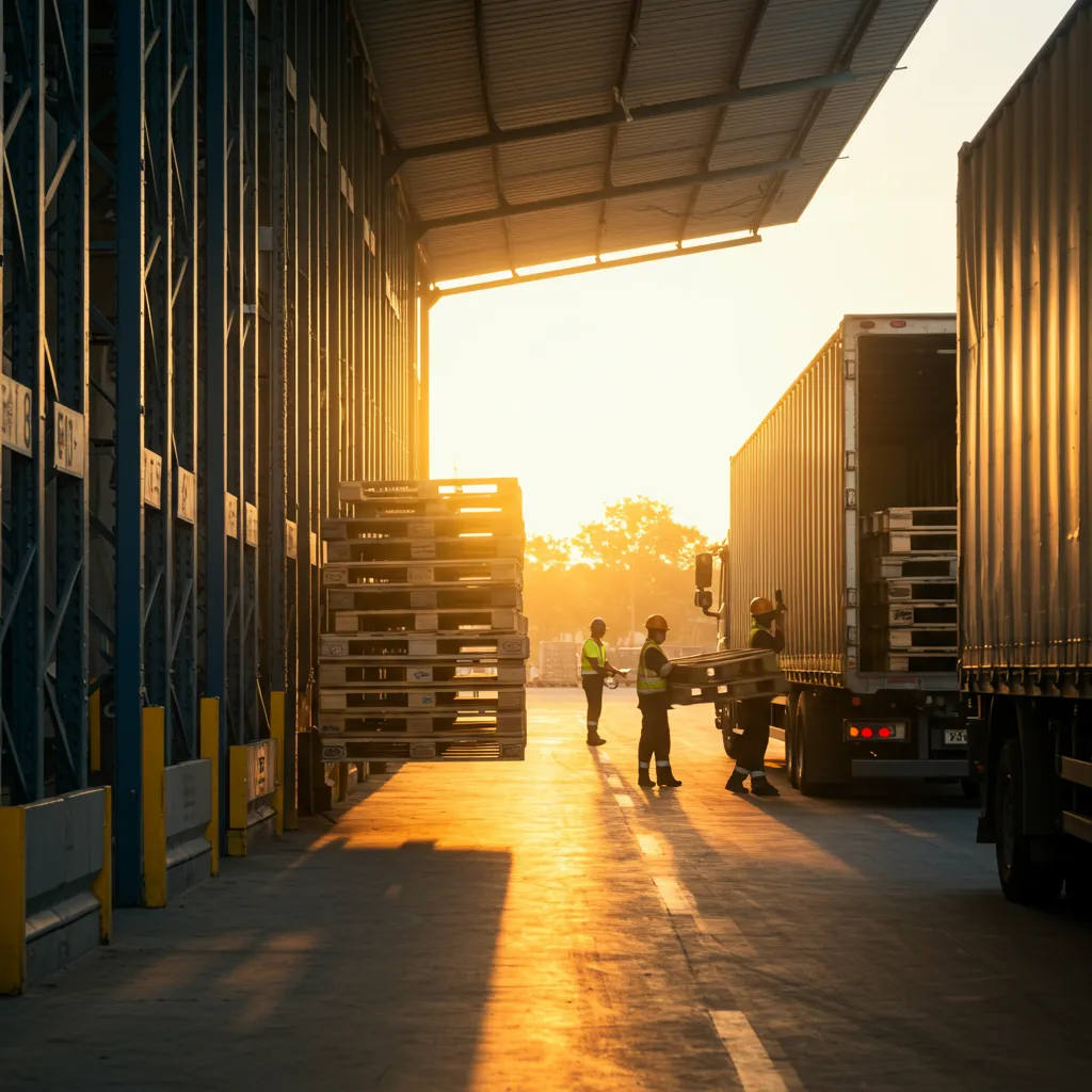 Entrepôt logistique avec chargement de marchandises illustrant la chaîne d'approvisionnement et le reverse factoring