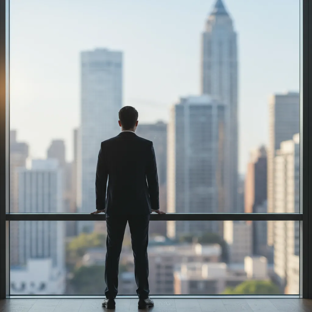 Dirigeant d'entreprise en réflexion stratégique face à un paysage urbain, symbolisant le choix entre affacturage et reverse factoring