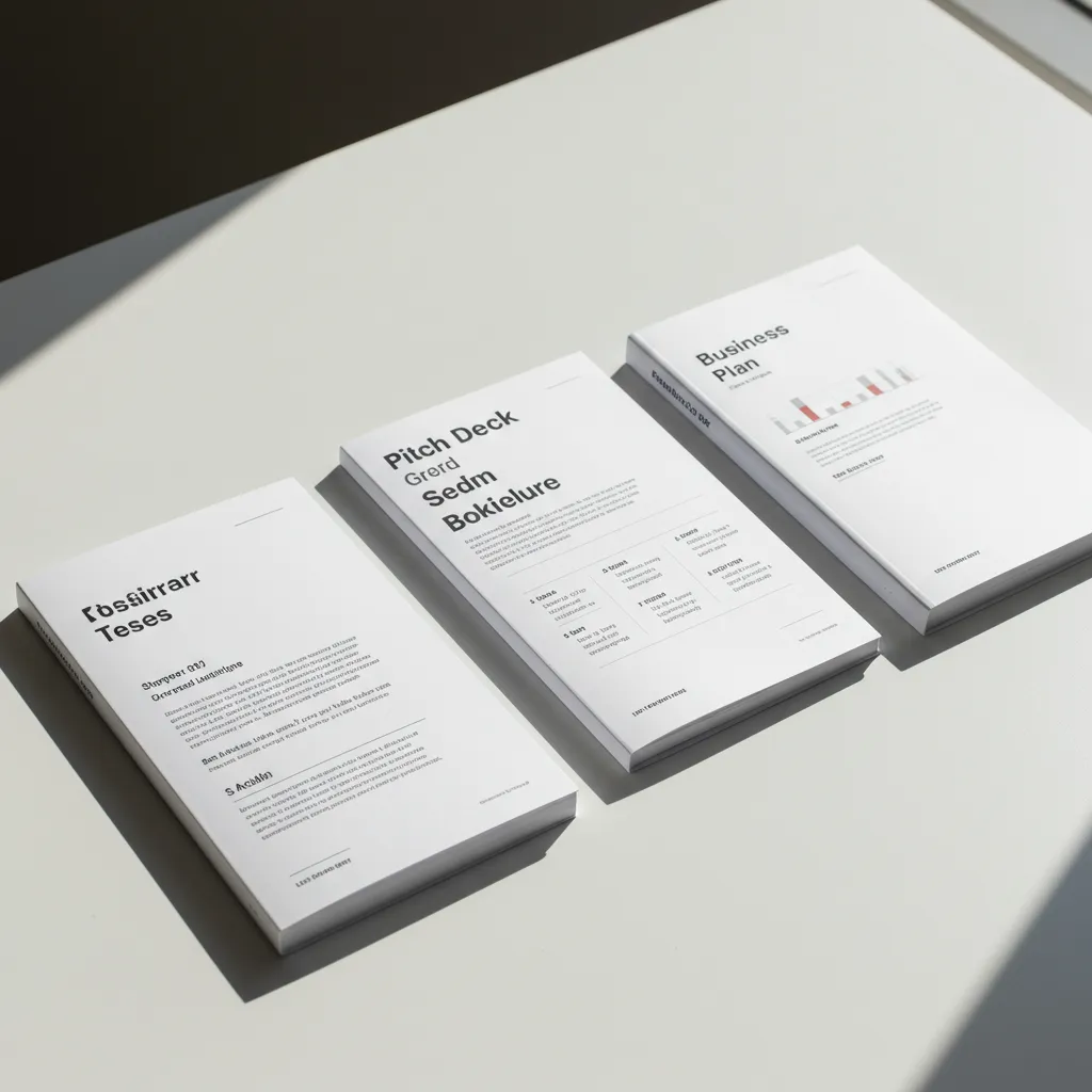 Trois documents de levée de fonds côte à côte : teaser, pitch deck et business plan posés sur un bureau blanc