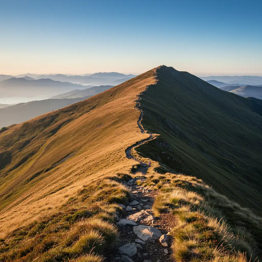 Sommet d'une montagne avec le chemin parcouru visible en contrebas, symbolisant le passage réussi d'une PME au statut d'ETI après avoir franchi le cap des 10 millions d'euros