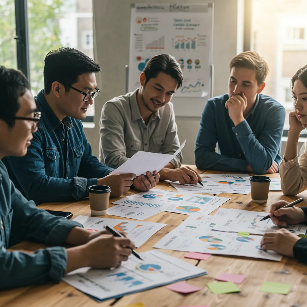 Équipe de startup en réunion de planification collaborative autour d'une feuille de route de croissance