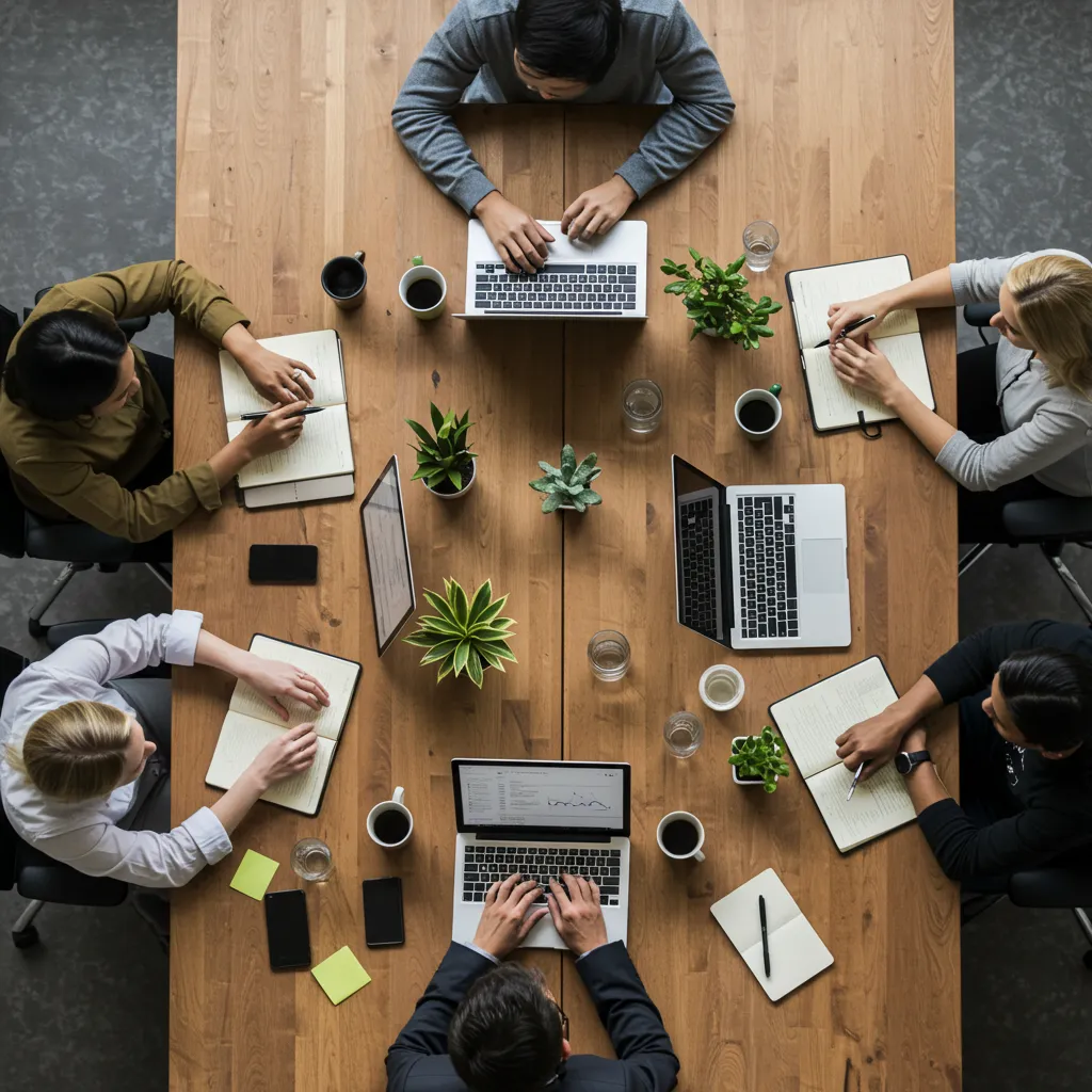 Équipe commerciale en réunion collaborative autour d'une table avec ordinateurs portables