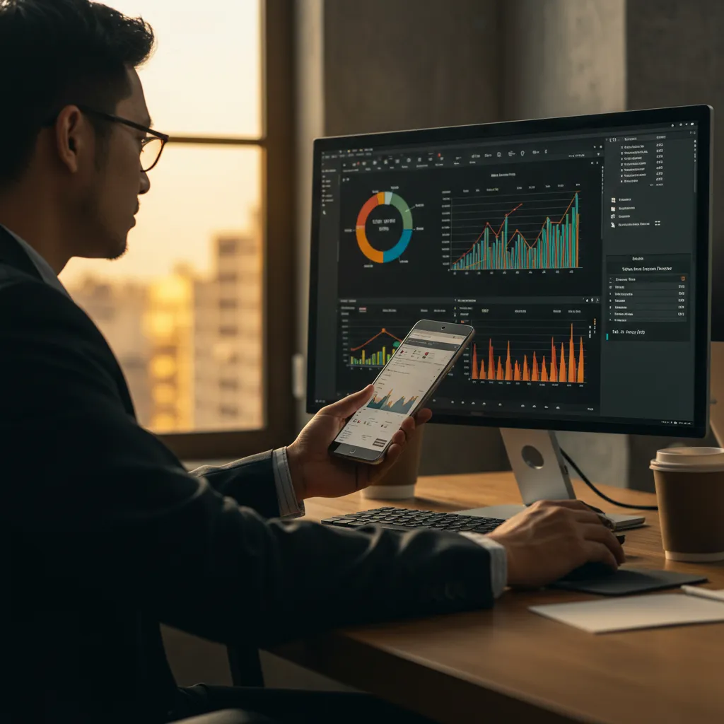 Analyste commercial examinant des métriques de performance et des tableaux de bord KPI sur un écran