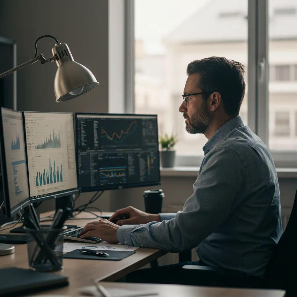Professionnel analysant des données CRM sur plusieurs écrans dans un environnement de travail moderne