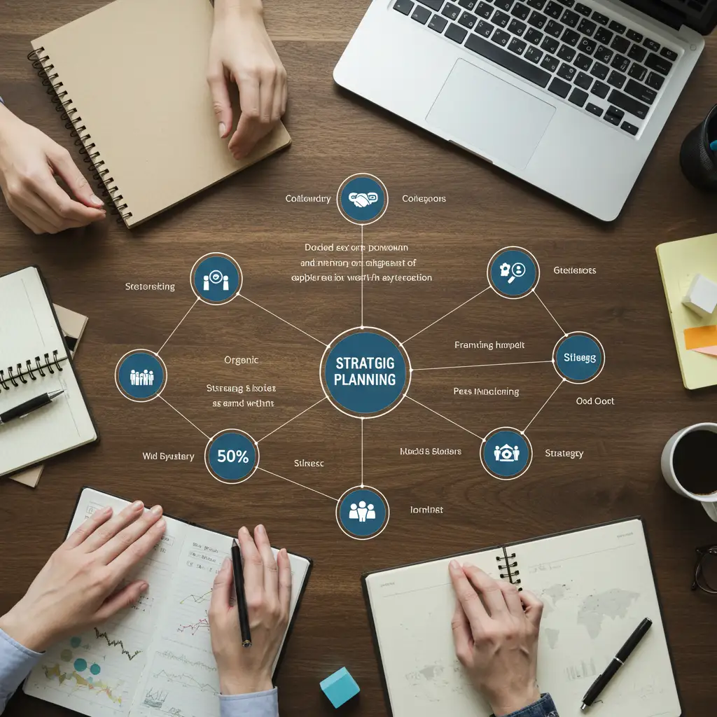 Représentation visuelle d'une stratégie marketing intégrée avec éléments organiques et payants interconnectés