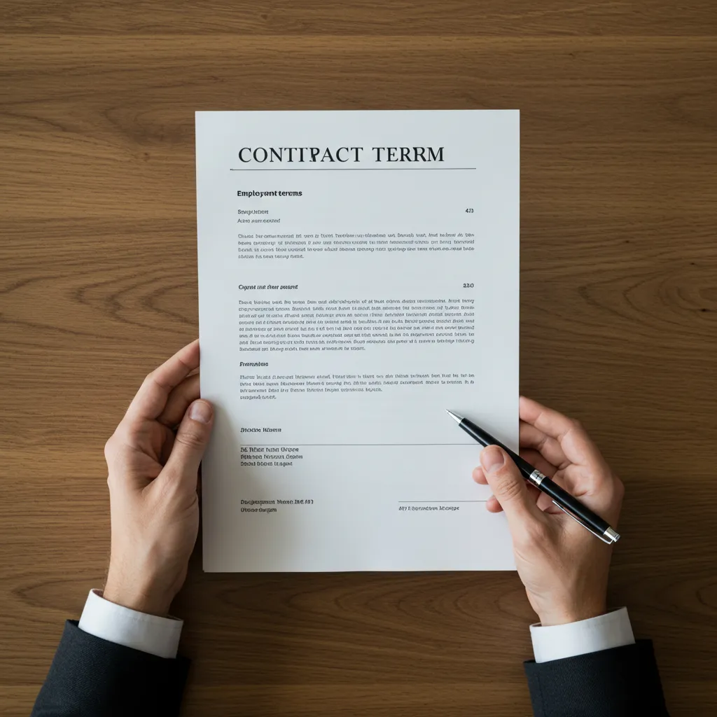 Gros plan sur les mains tenant un contrat d'emploi et un stylo, vue de dessus
