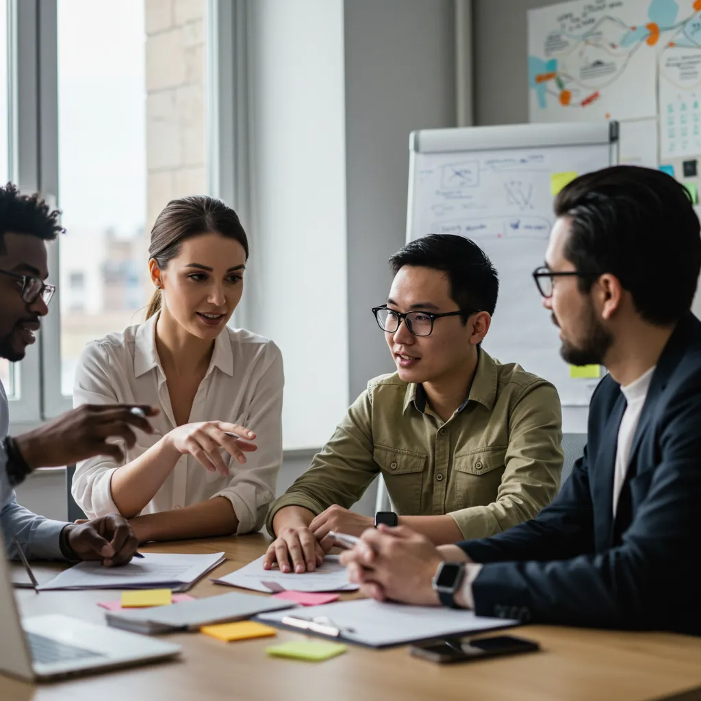 Scène d'intégration et de collaboration entre un mentor et un nouvel employé en réunion