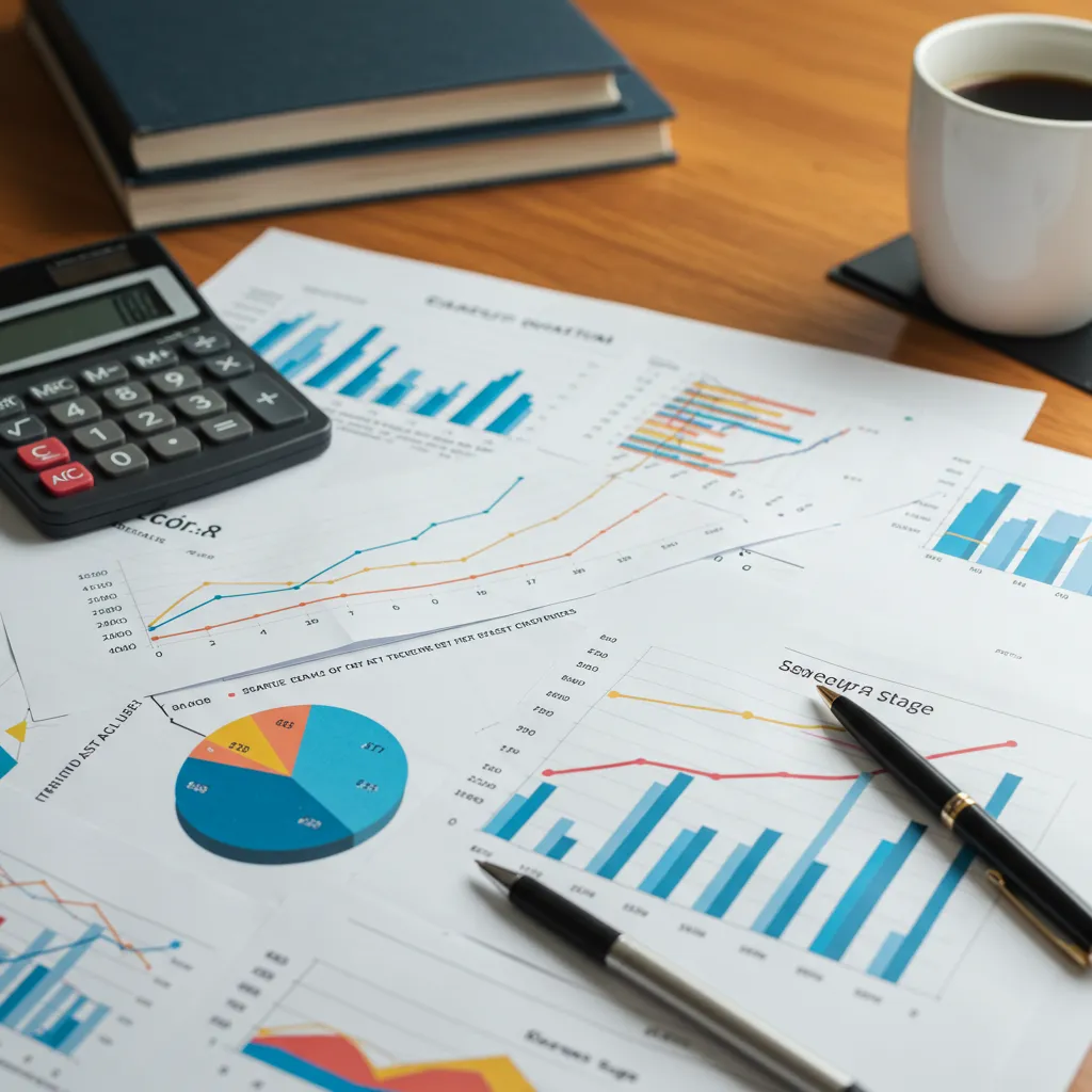 Vue de dessus de documents financiers et graphiques de croissance montrant la progression des seuils de chiffre d'affaires