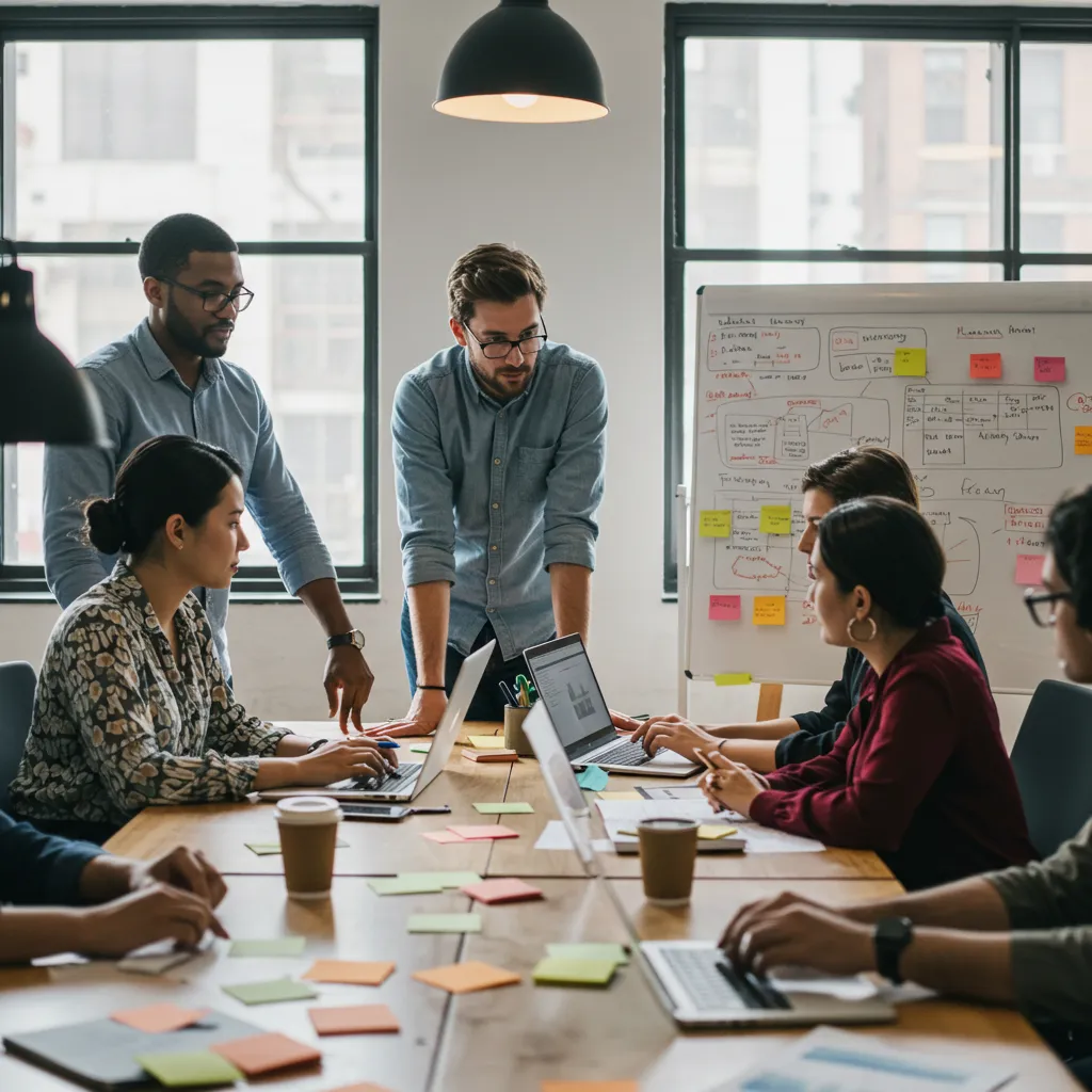 Équipe marketing collaborant autour d'une table de travail dans un bureau moderne, illustrant la structuration d'équipe