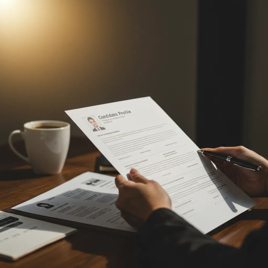 Gros plan sur l'examen de profils de candidats et documents de qualification pour le recrutement d'un CMO