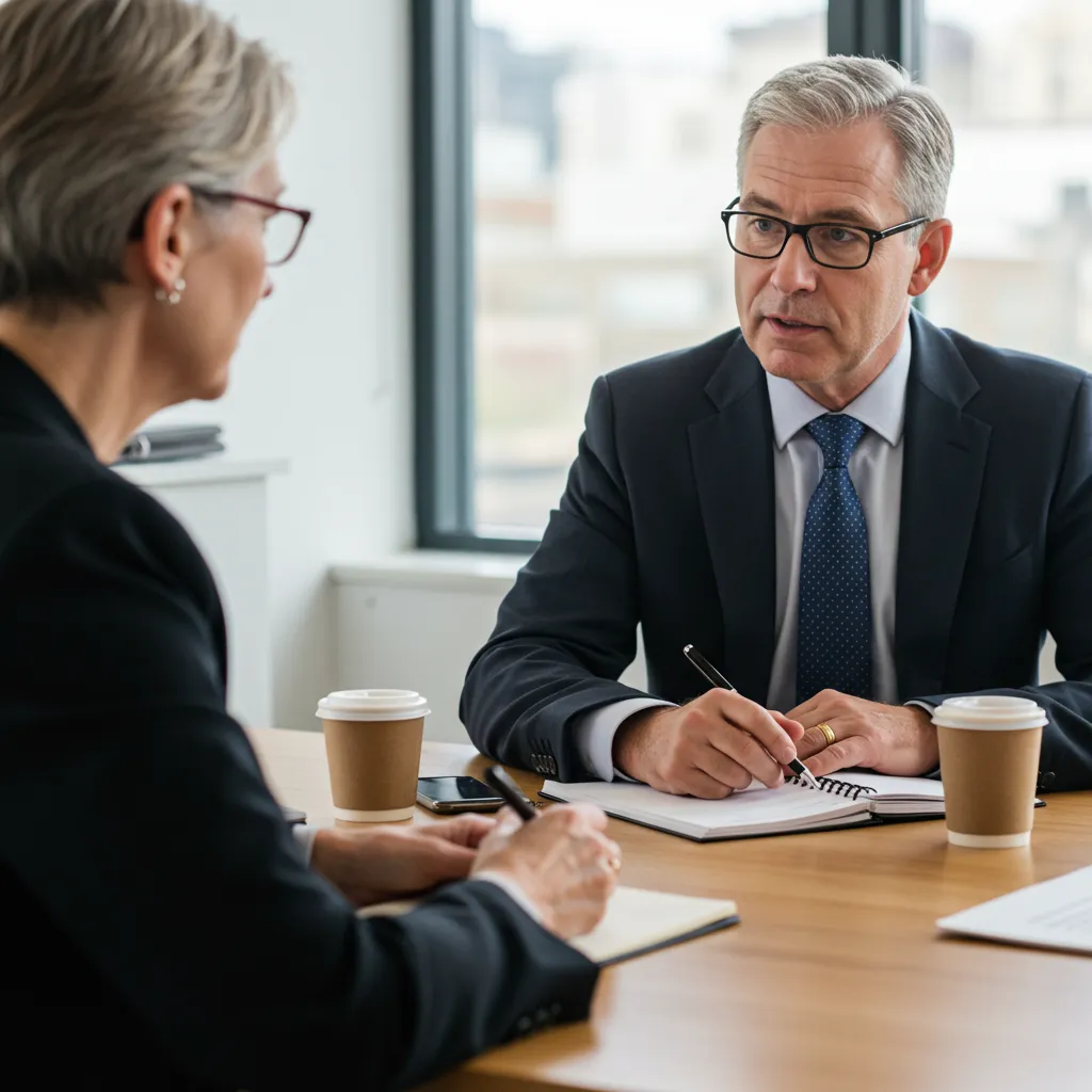 Entretien individuel entre un jeune manager et un collaborateur senior, montrant l'écoute active et le respect mutuel