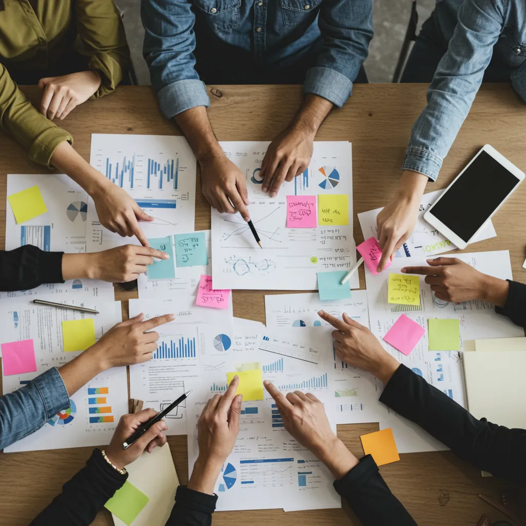 Espace de travail collaboratif montrant une équipe intergénérationnelle engagée dans un projet commun