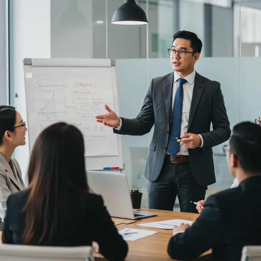 Jeune manager présentant un plan d'action à son équipe, illustrant le leadership et la clarté de communication