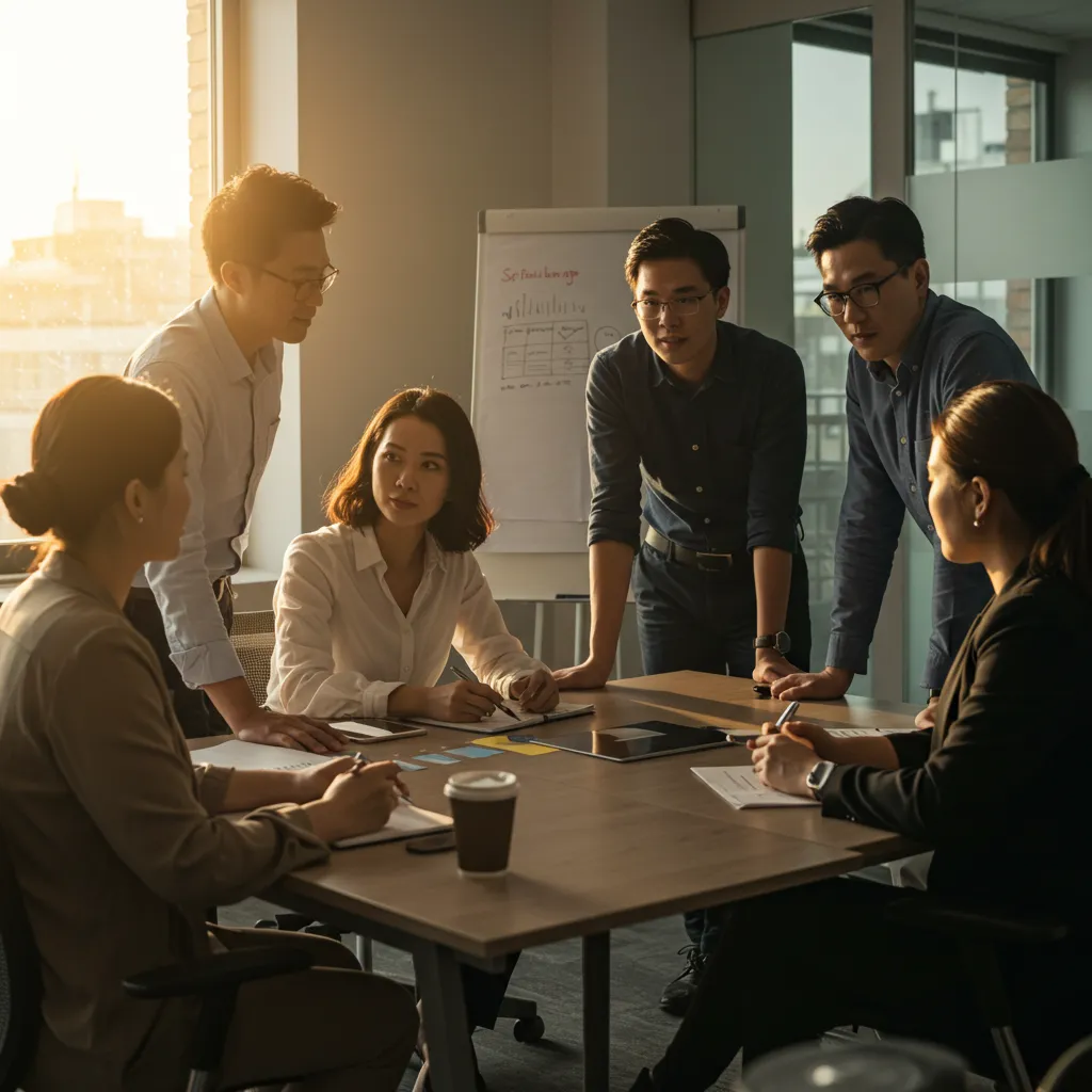 Équipe diversifiée en réunion restreinte engagée dans une discussion collaborative