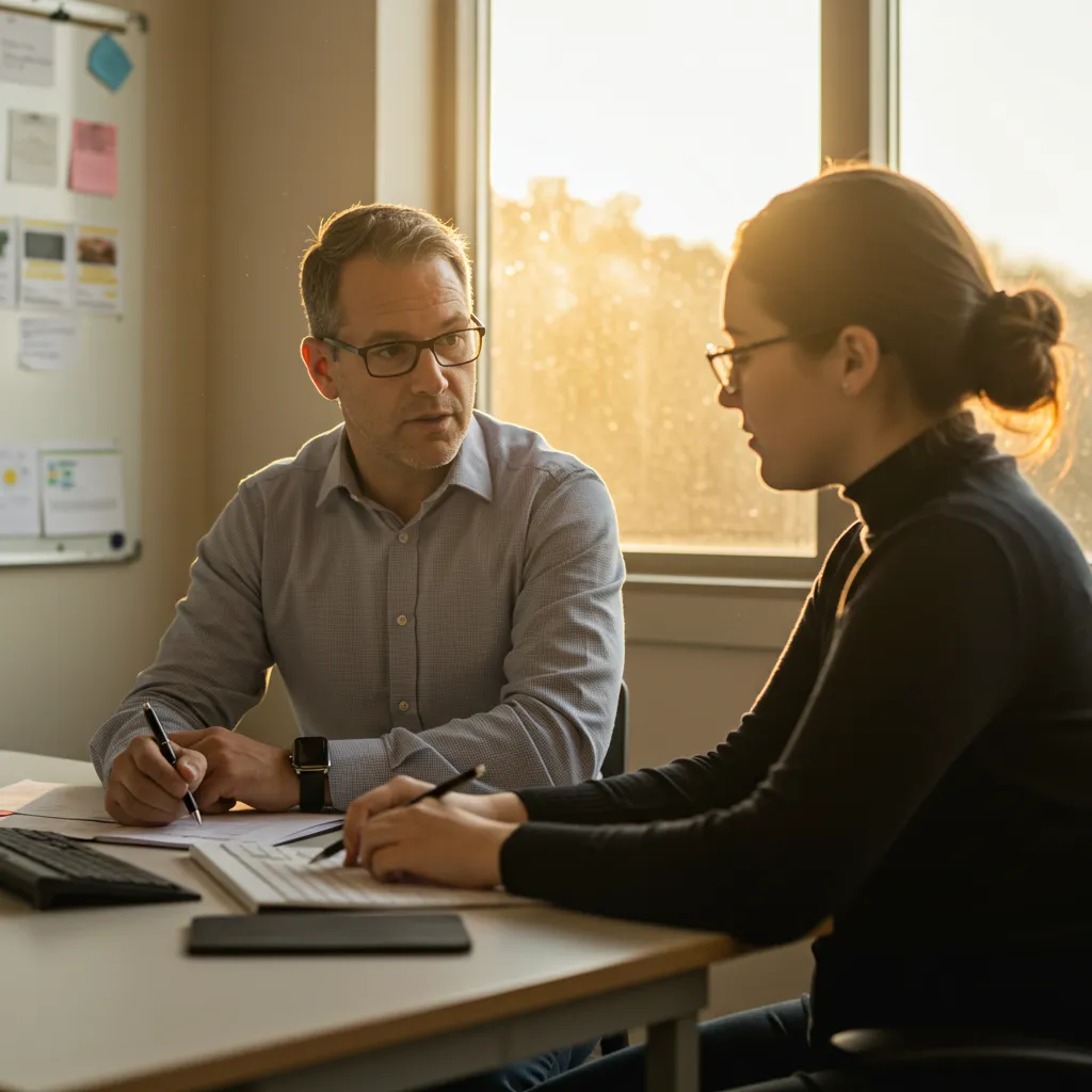 Manager guidant un nouveau collaborateur lors d'une session de formation personnalisée
