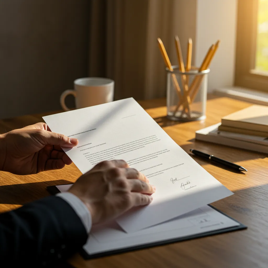 Gros plan d'une lettre recommandée officielle posée sur un bureau, représentant la notification écrite du licenciement