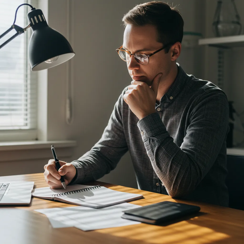 Professionnel examinant attentivement des documents administratifs, illustrant les responsabilités et risques de l'employeur