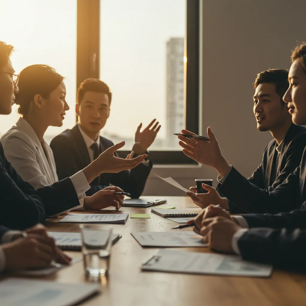 Réunion d'équipe montrant un processus de prise de décision par consentement et discussion collaborative