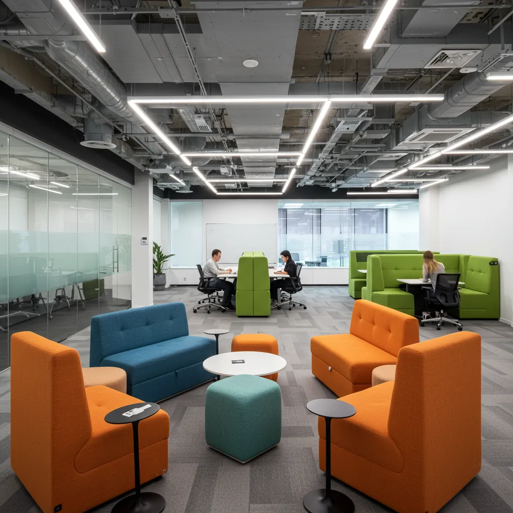 Espace de travail moderne et flexible illustrant la transition vers des modèles organisationnels alternatifs et adaptatifs
