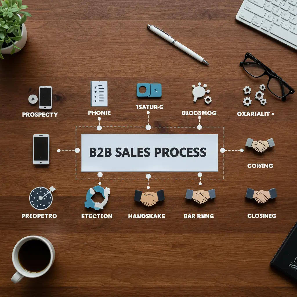 Vue de dessus des sept étapes clés d'un cycle de vente B2B long, représentées par des objets sur un bureau