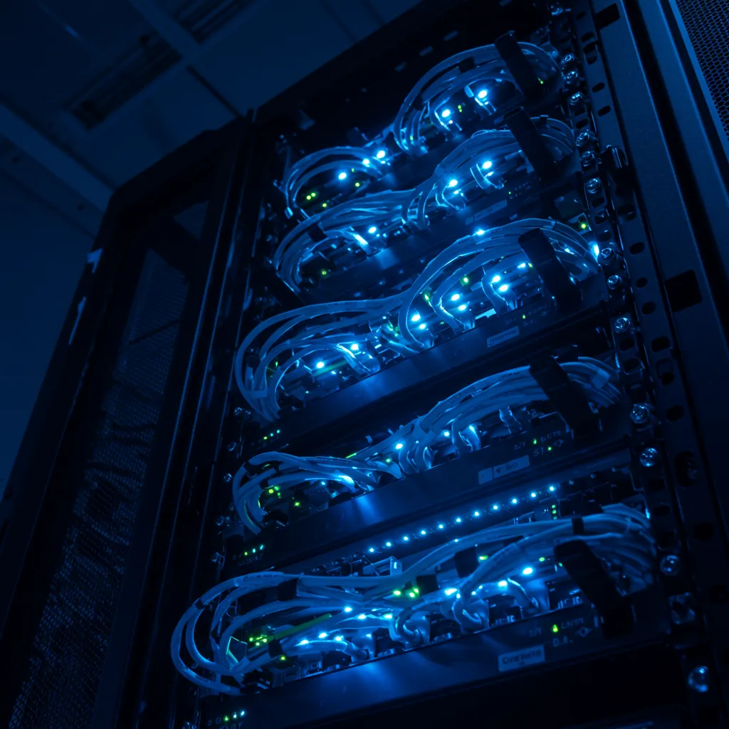 Baie de serveurs avec lumières LED bleues, symbolisant l'infrastructure technique nécessaire à un cold email performant