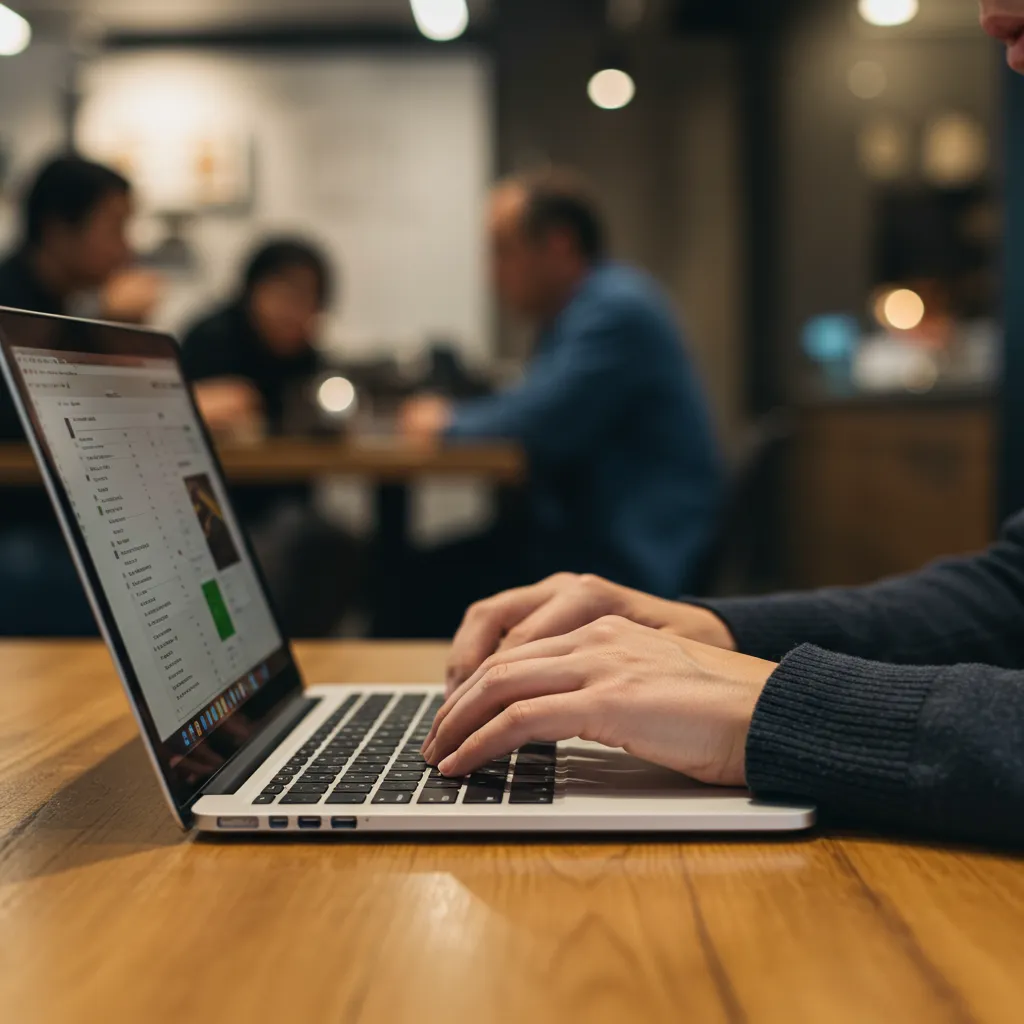 Gros plan sur les mains d'une personne tapant sur un ordinateur portable dans un café, illustrant l'hyper-personnalisation des emails
