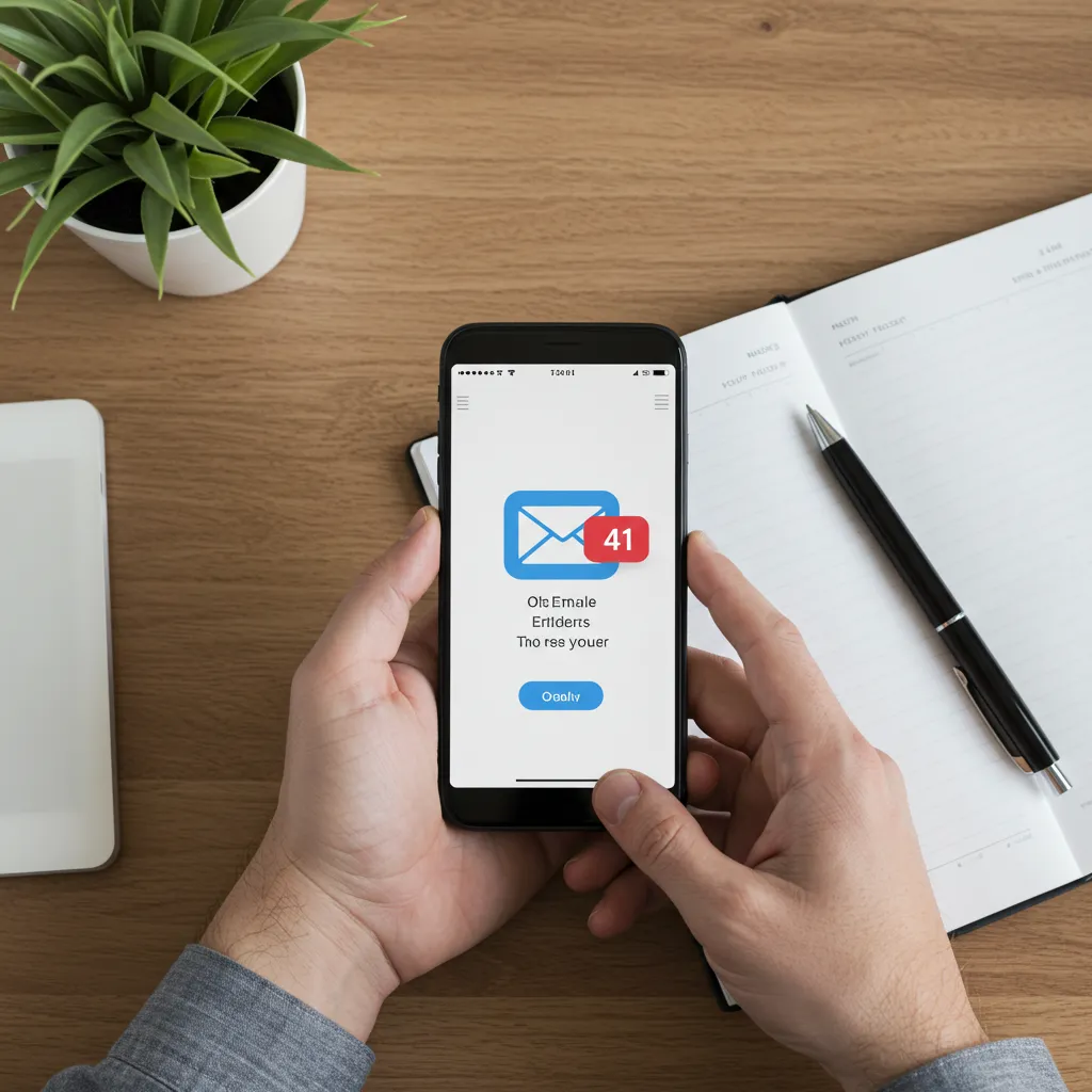 Vue de dessus d'une main tenant un smartphone avec une notification email, comparant le cold email à d'autres canaux
