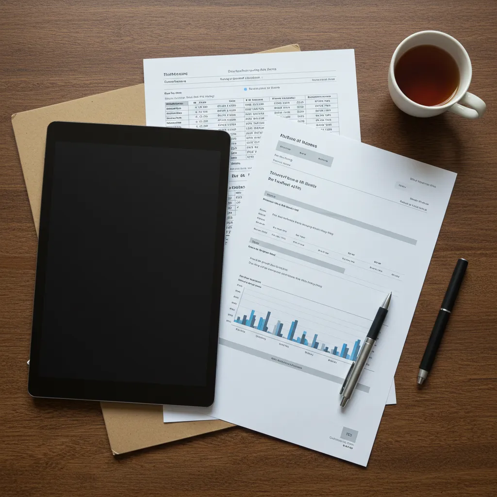 Vue de dessus d'une pile de documents et d'une tablette sur un bureau en bois, représentant la checklist technique et légale pour un cold emailing conforme