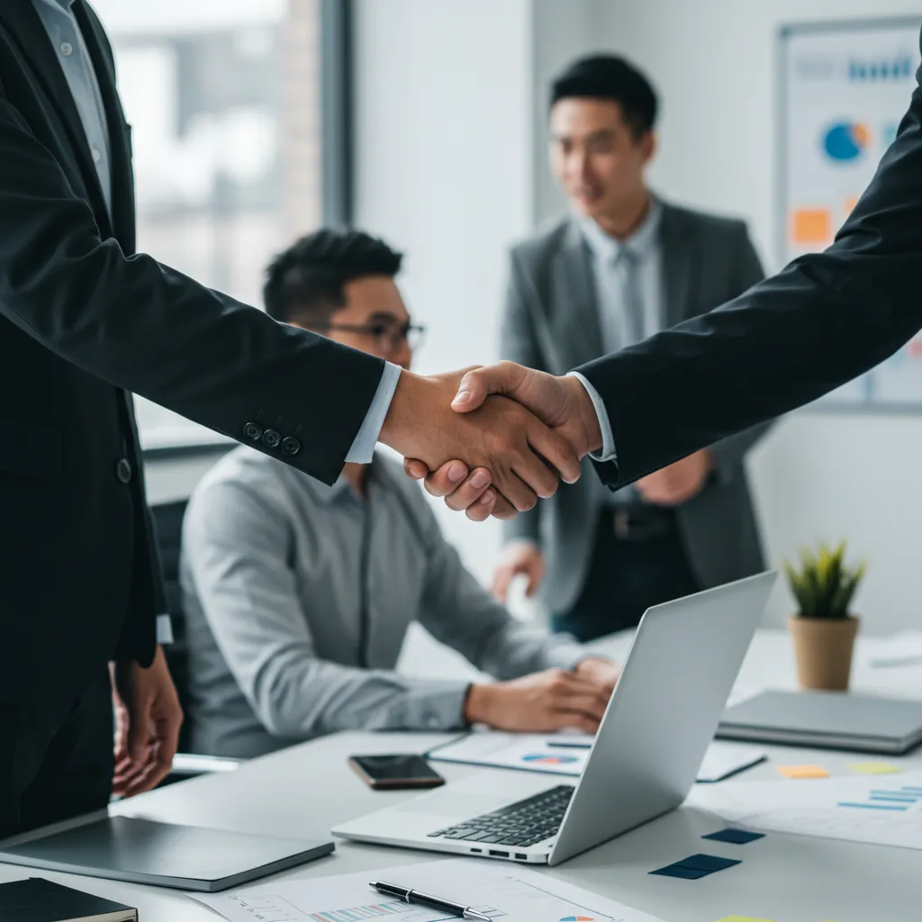 Poignée de main entre deux professionnels en bureau, symbolisant la confiance et la relation commerciale