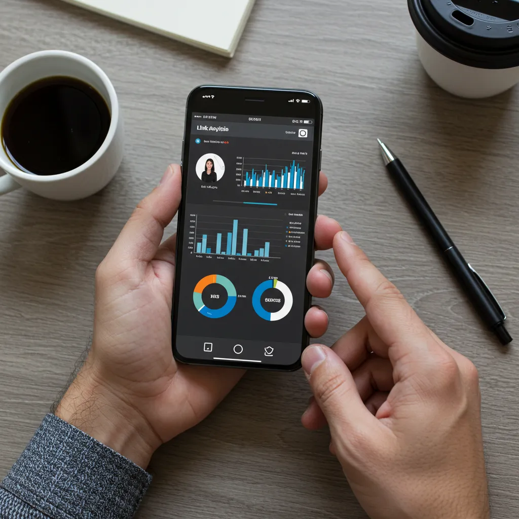 Main tenant un smartphone affichant un tableau de bord d'analytiques LinkedIn, avec graphiques et indicateurs