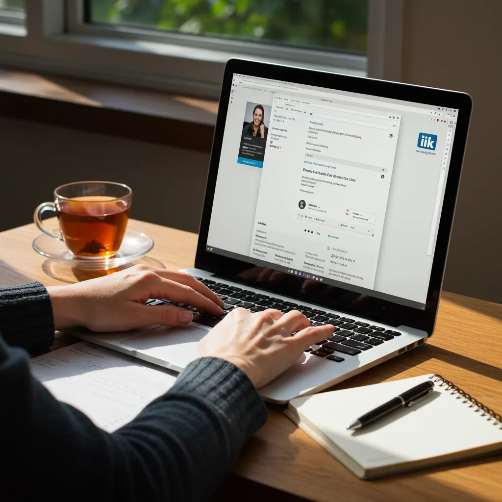 Personne tapant sur un ordinateur portable avec un profil LinkedIn ouvert, environnement de travail calme
